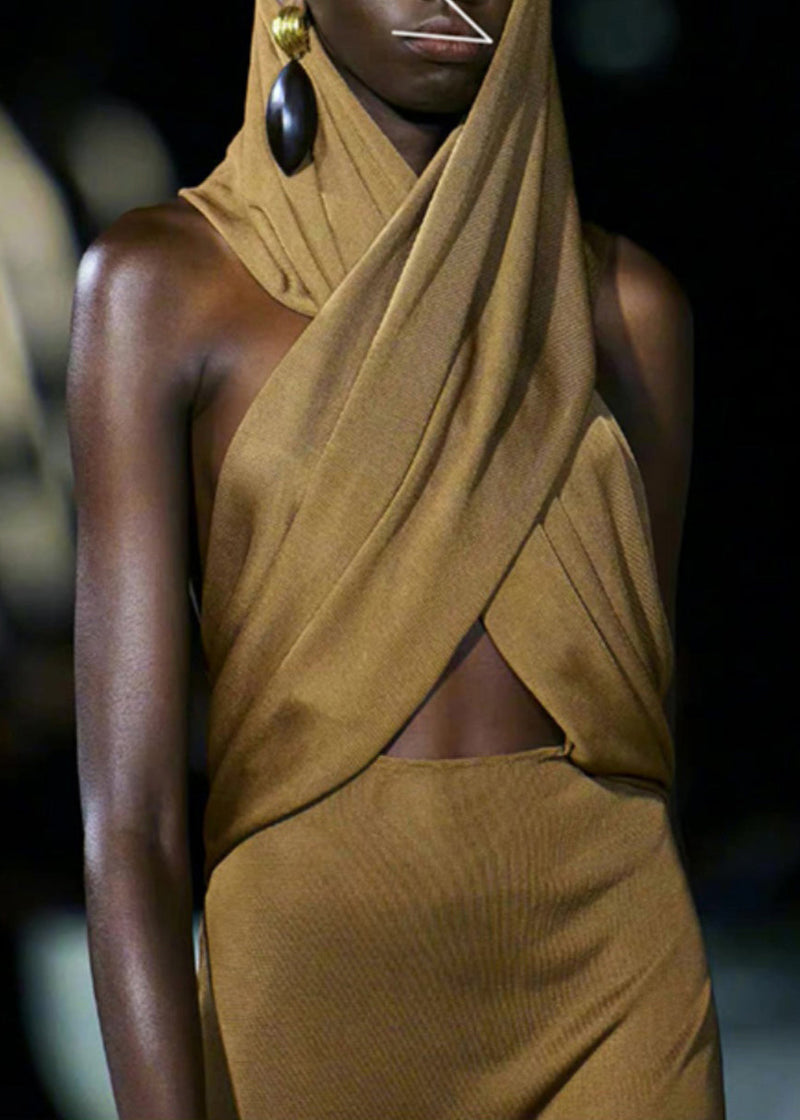 Organic Yellow Wrinkled Hollow Out Backless Hoode Long Dress Sleeveless Summer