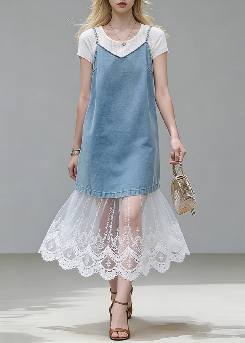 Stylish Blue Lace Patchwork Tops and Spaghetti Strap Dress Two Piece Set Summer