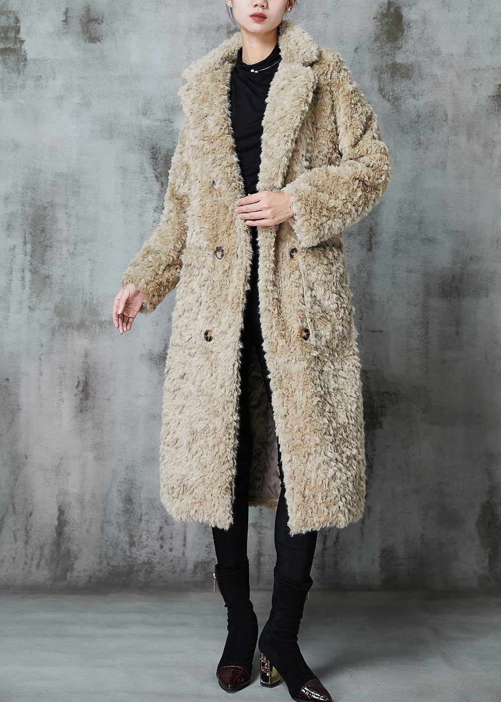 Khaki Double Breast Thick Fuzzy Fur Fluffy Coats Winter