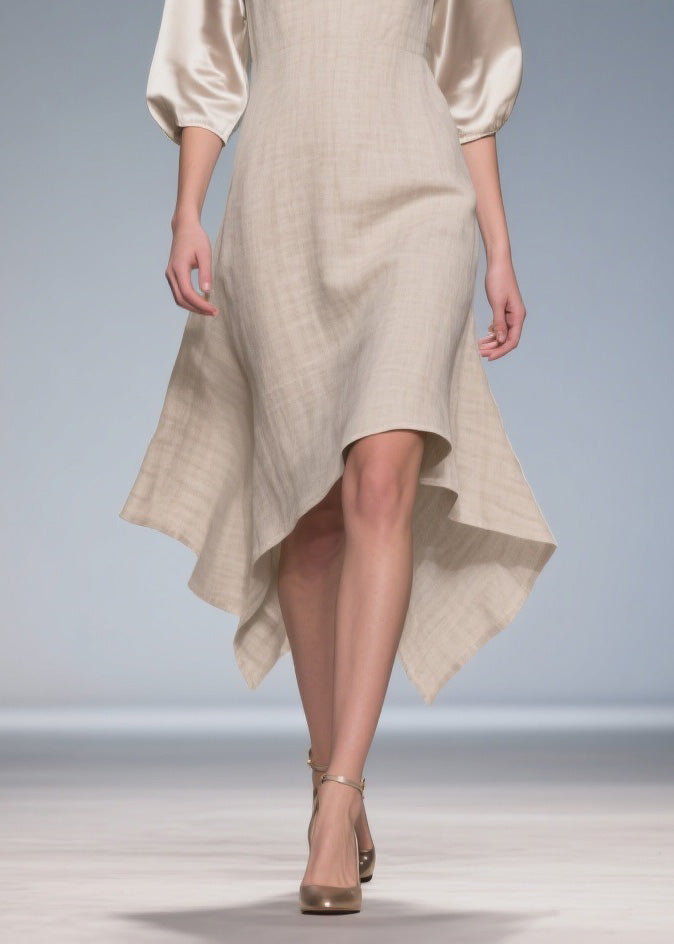 V Neck Patchwork Linen Silk Dress Summer