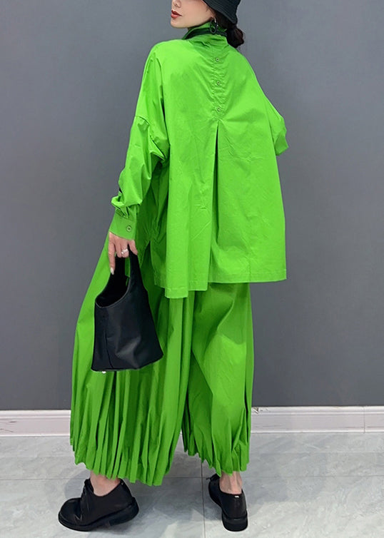 Stylish Green Asymmetrical Wrinkled Patchwork Cotton Two-piece Set Fall