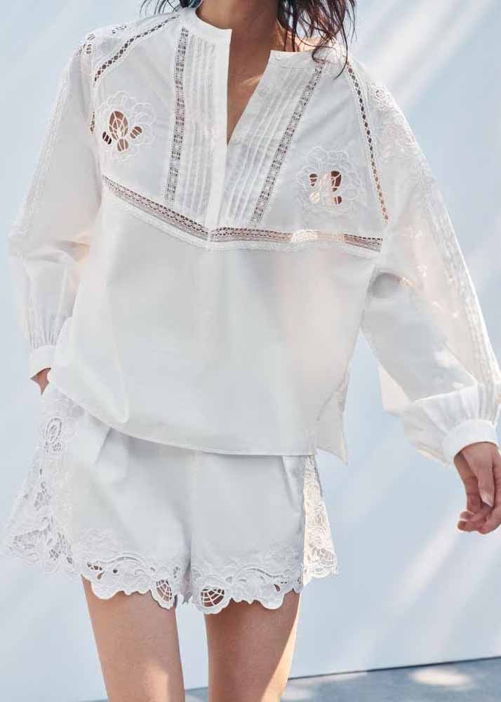 White Hollow Out Embroidered Cotton Two Piece Set Fall