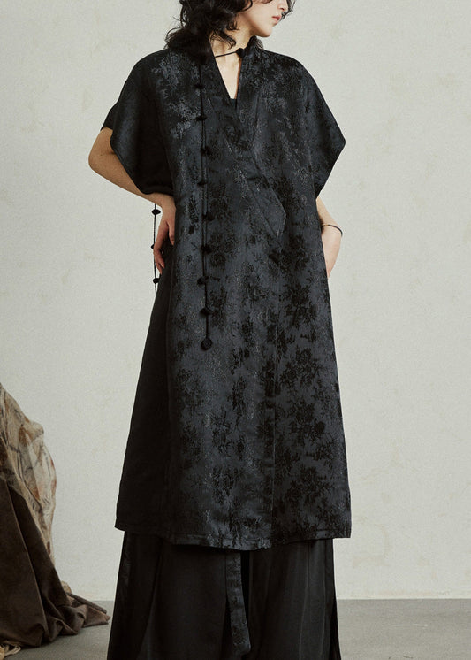 Jacquard Black Tie Waist Silk Maxi Dress Summer