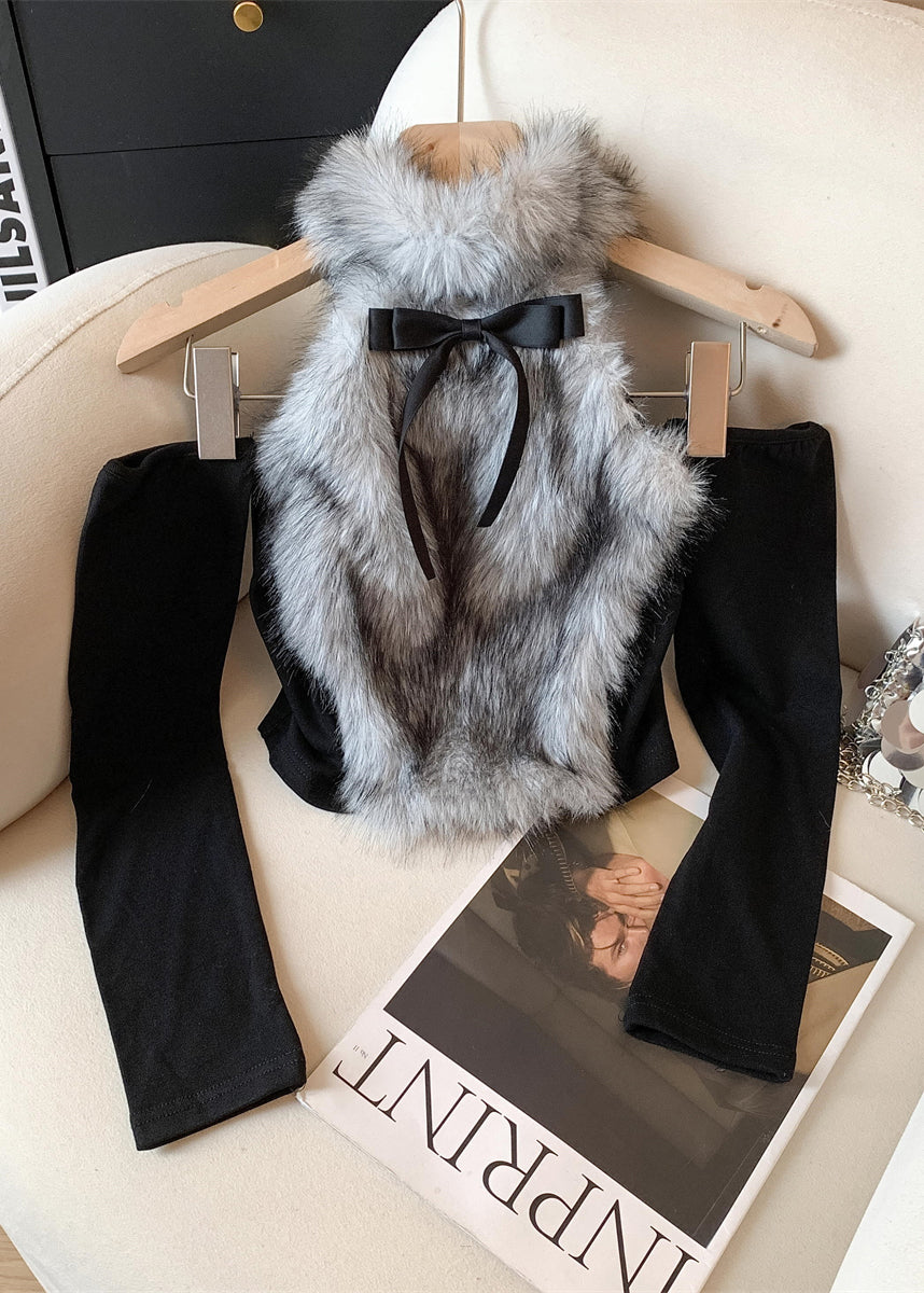 Style Blue Fur Patchwork Long Sleeved Top