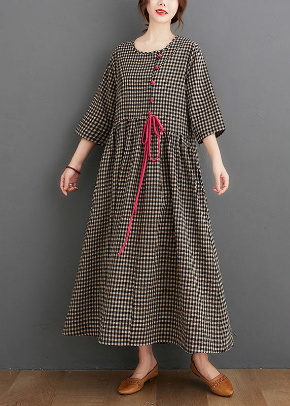Black Plaid Pockets Linen Vacation Dresses Wrinkled Three Quarter Sleeve
