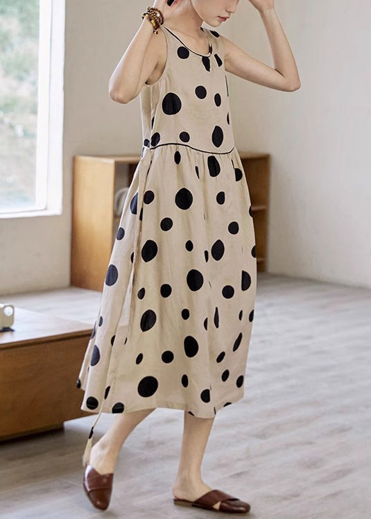 Khaki Dot Pockets Tie Waist Cotton Long Dress Sleeveless Summer
