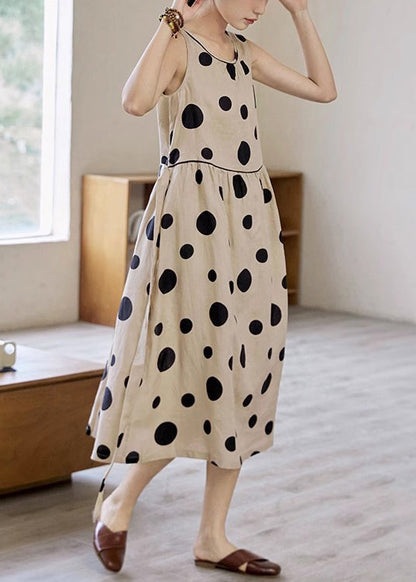 Khaki Dot Pockets Tie Waist Cotton Long Dress Sleeveless Summer