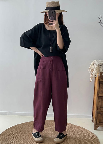 Purple High Waist Button Down Cotton Pants Trousers Fall