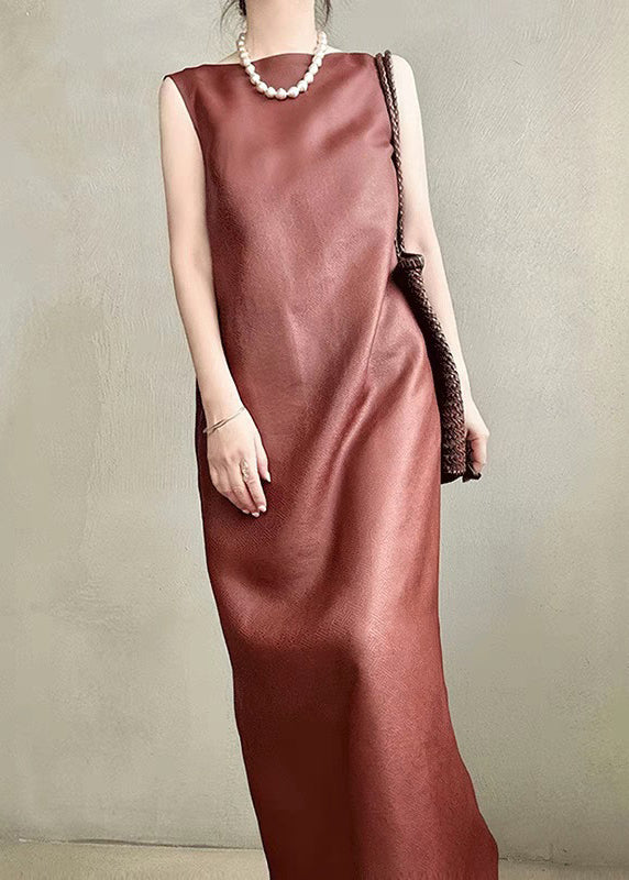 Red Pockets Back Side Open Silk Long Dress Sleeveless Summer
