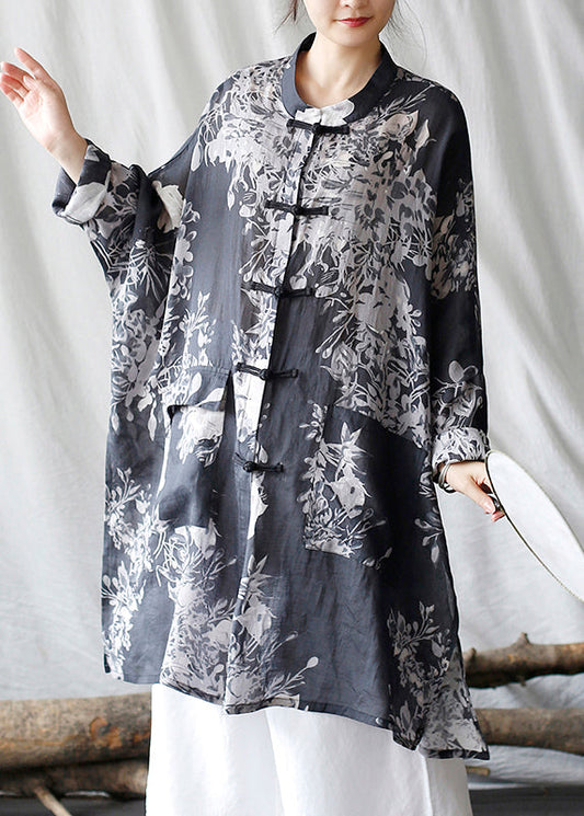 Black Oversized Print Linen Oriental Cardigan Spring
