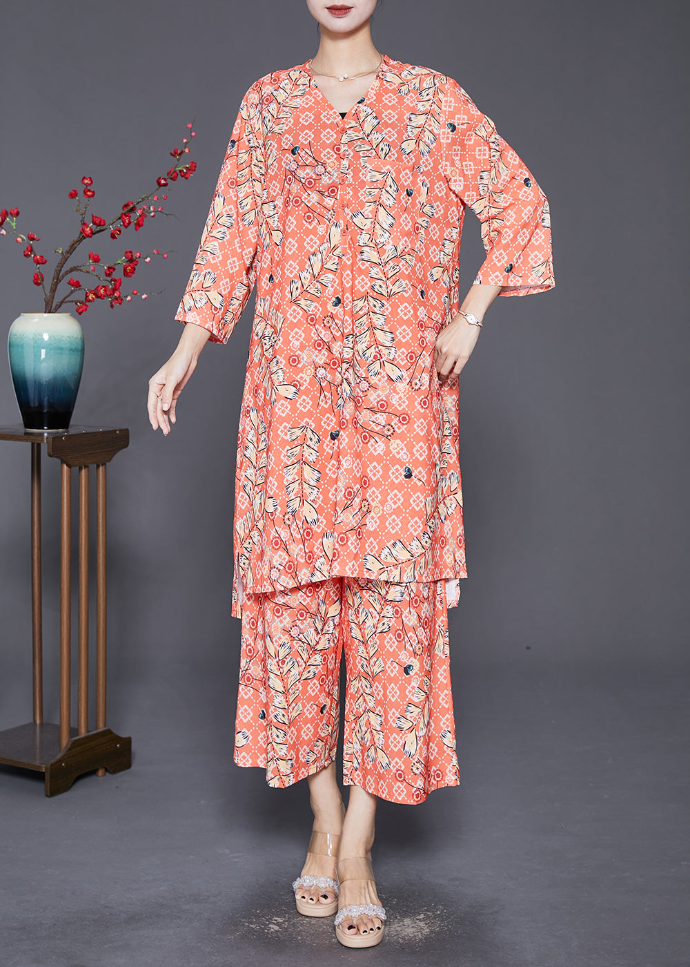 Orange V Neck Pring Cotton Two Piece Suit Set Fall