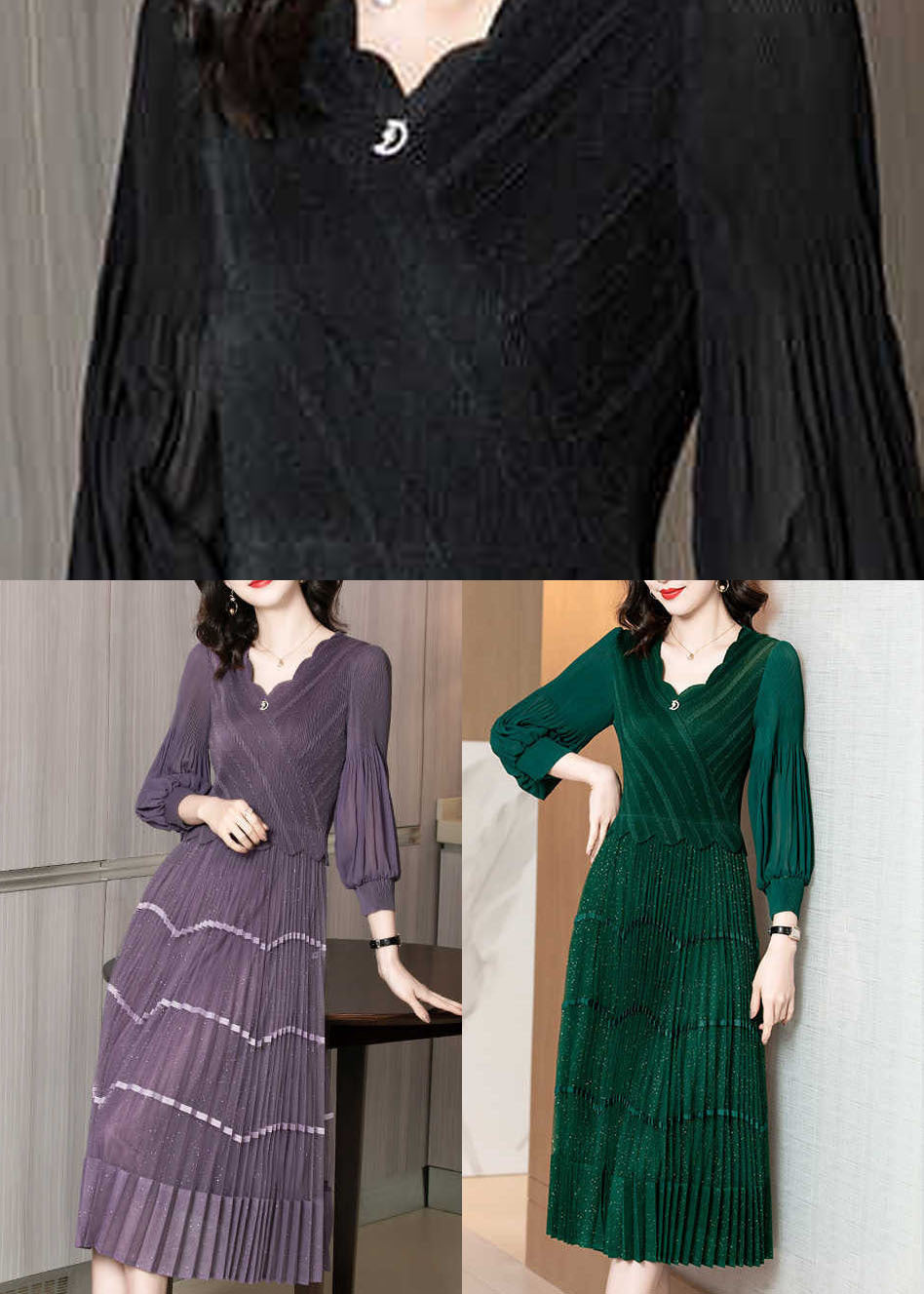 Purple V Neck Patchwork Silk Pleated Dress Long Sleeve