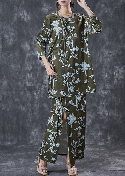 Green Print Lace Up Side Open Silk Velour Two Pieces Set Spring
