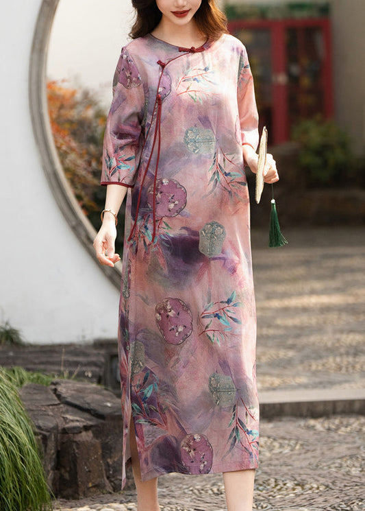Purple Button Print Side Open Linen Dress Half Sleeve