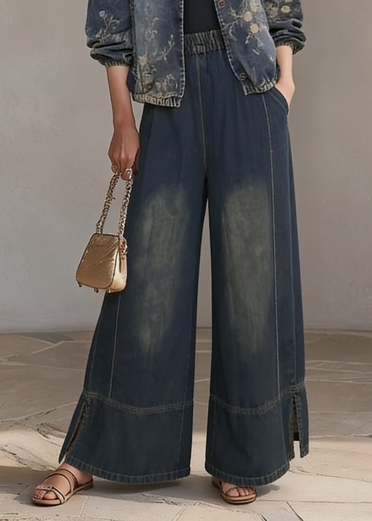 O Neck Print Denim Two Piece Set Outfits Spring