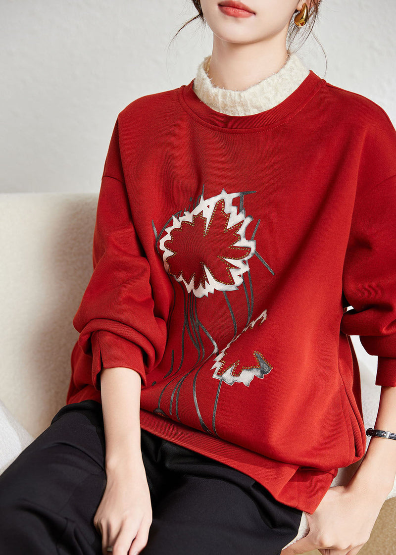 Red Turtleneck Patchwork Print Fake Two Pieces Fleece Sweatshirt Winter