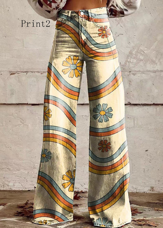 Loose Print High Waist Pockets Denim Pants Spring
