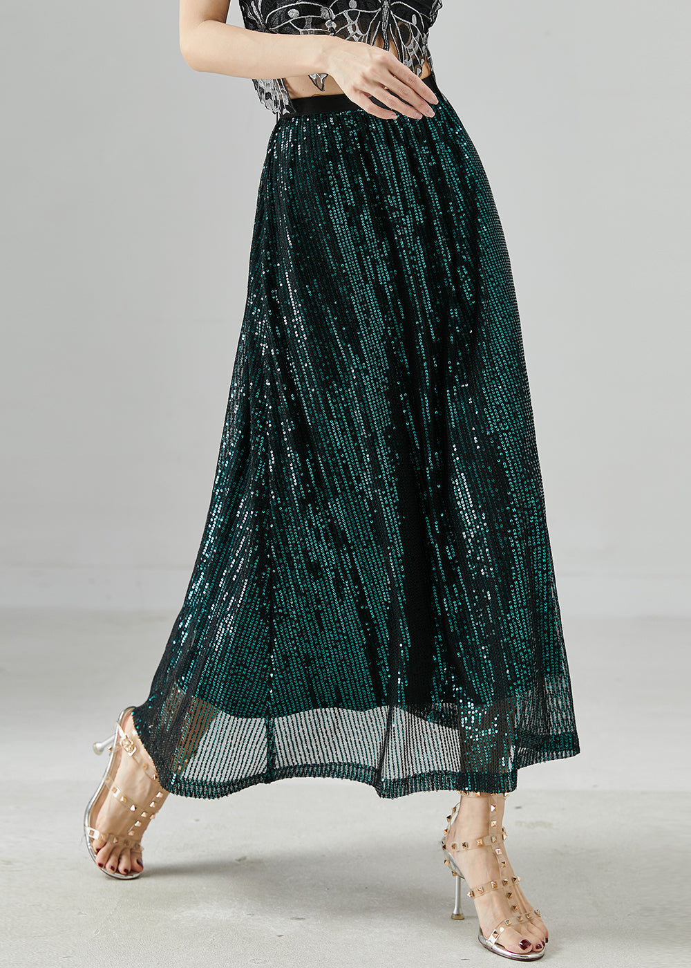 Peacock Green Sequins Silm Fit Holiday Skirts Summer