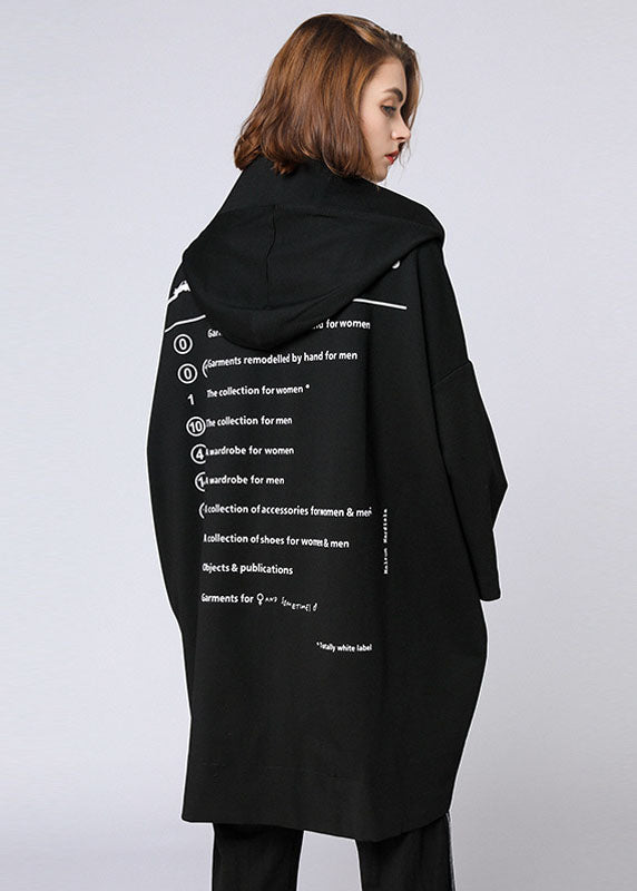 Organic Black Letter Zippered Hooded Pockets Fall Long Coat