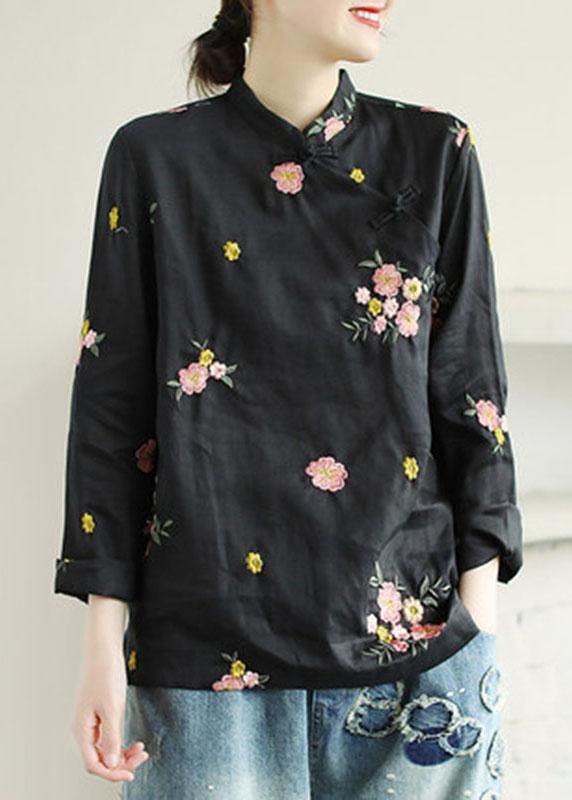 Black Embroideried Stand Collar Button Fall Long Sleeve Shirt