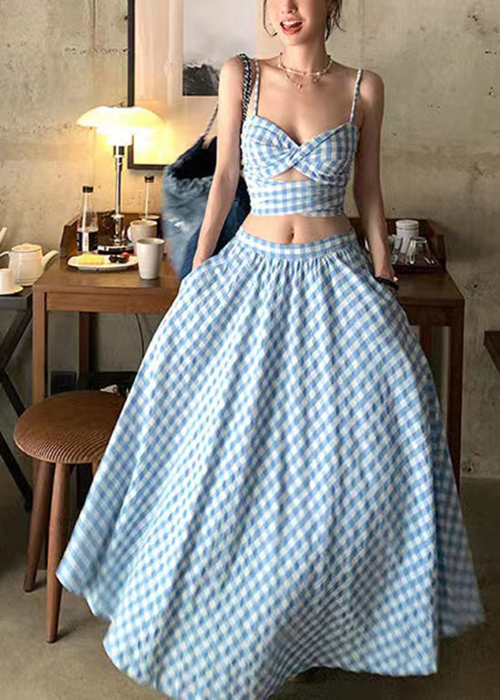 New Blue Plaid Suspended Tank Top High Waist Skirt Summer Set