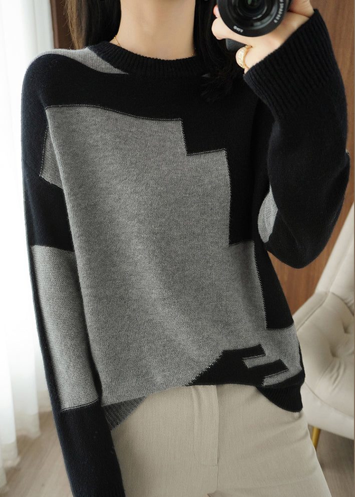 Grey Asymmetrical Patchwork Wool Knit Top Fall
