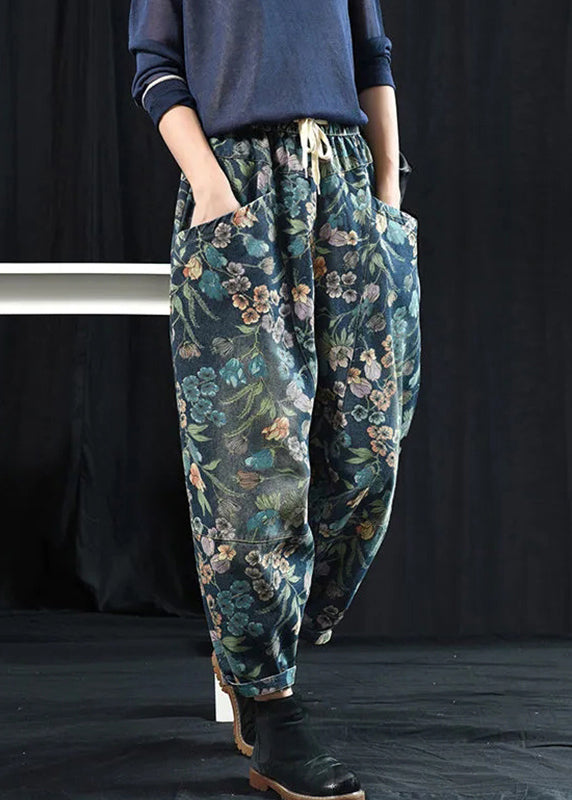 Print Pockets High Waist Denim Crop Pants Spring