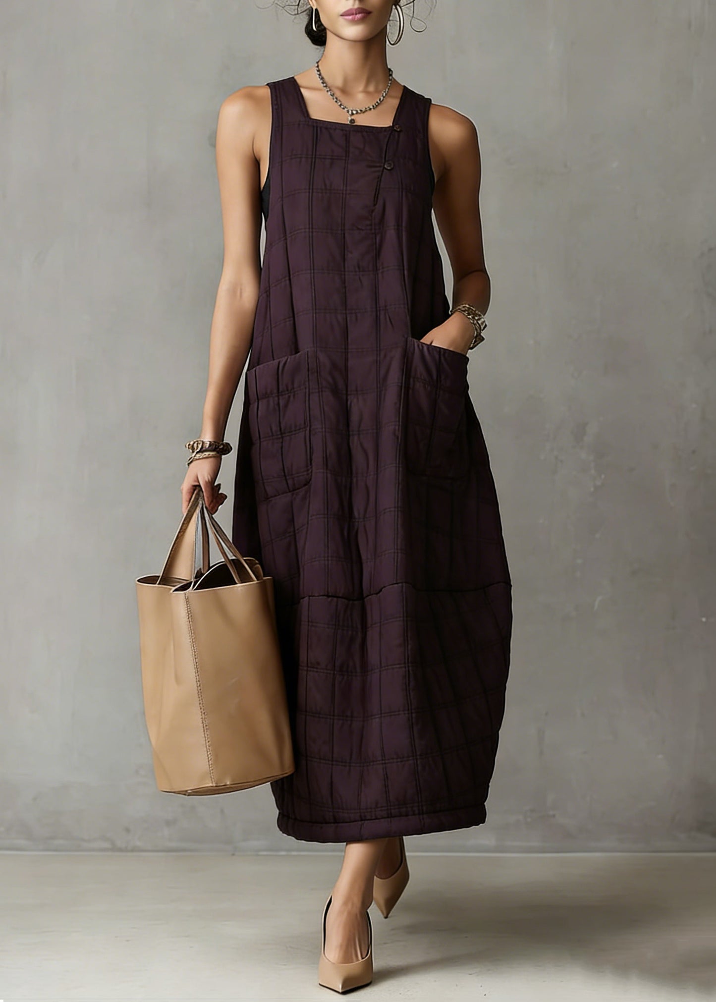Loose Purple Plaid Pockets Tank Dresses Sleeveless