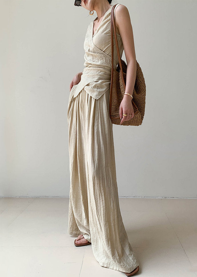 Brief V Neck Silk Linen Top and Wide Leg Pants Two Pieces Set Sleeveless Summer
