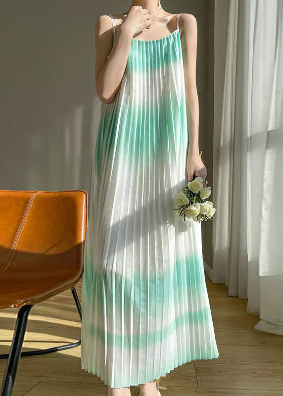 Green Wrinkled Cotton Spaghetti Strap Dress Sleeveless