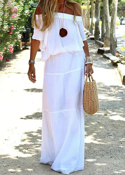 Loose White Elastic Waist Cotton Maxi Dresses Slash Neck Summer