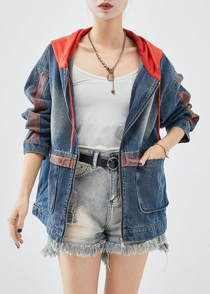 Red Hooded Patchwork Denim Coats Fall