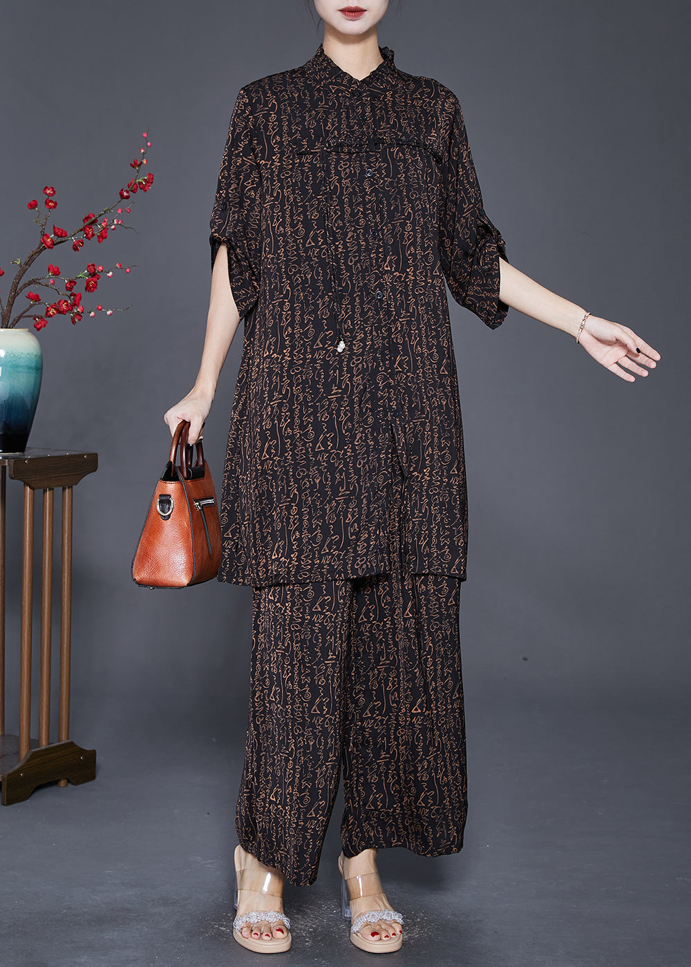 Black Ruffled Print Tasseled Chiffon Two Pieces Set Fall