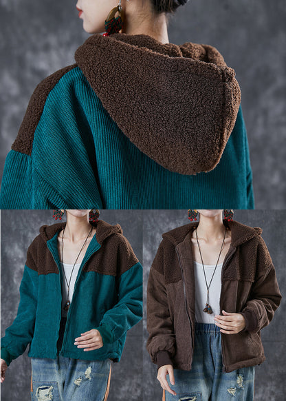Brown Patchwork Warm Fleece Jacket Hooded Winter
