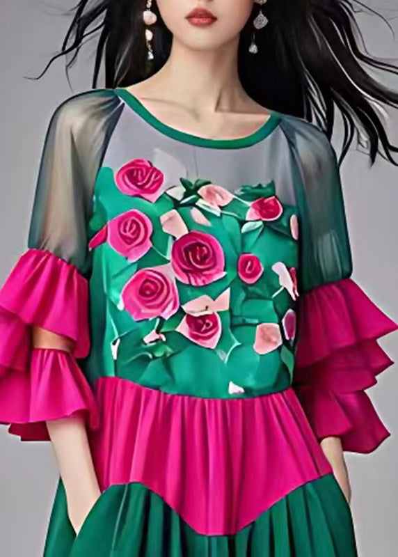 Green Print Tulle Patchwork Chiffon Mid Dress Butterfly Sleeve