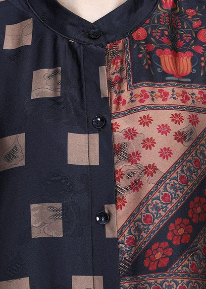French Khaki Stand Collar Print Retro Summer Chiffon Cardigan