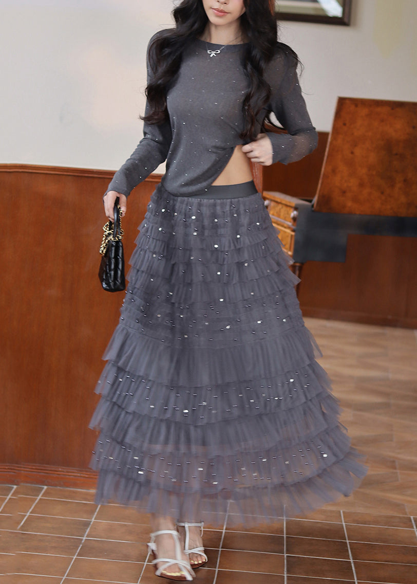 Novelty Grey Cinched Zircon Tops and Tulle Skirts Two Pieces Set Fall