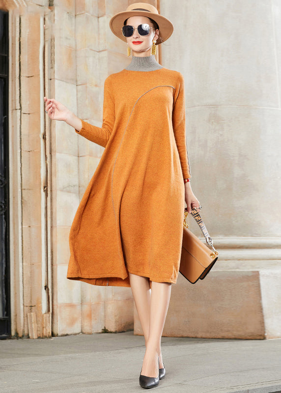 Yellow Stand Collar Patchwork Woolen Dresses Fall