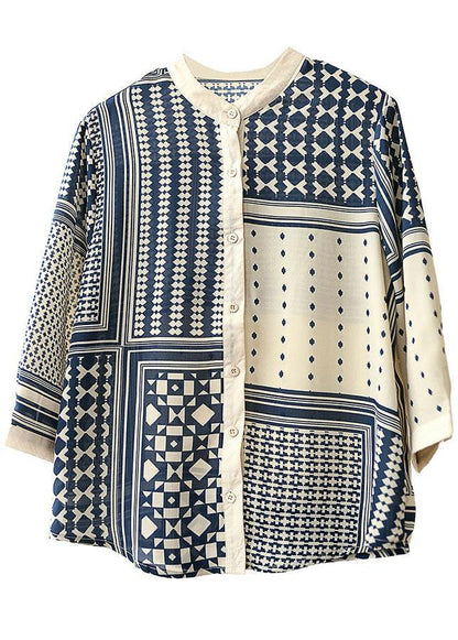 Apricot O-neck Print Button Fall Blouses Three Quarter Sleeve