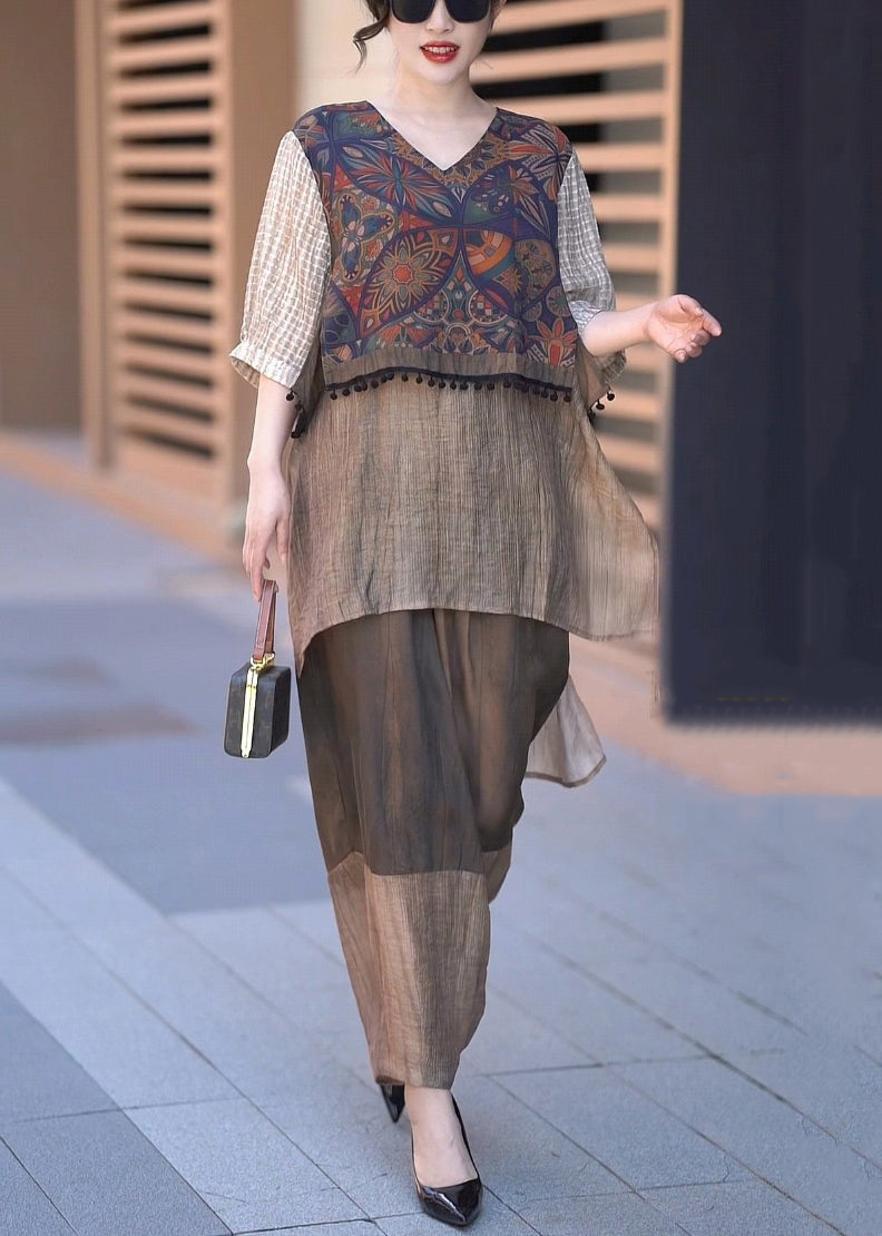 Coffee V Neck Low High Design Patchwork Silk Two Piece Set Half Sleeve