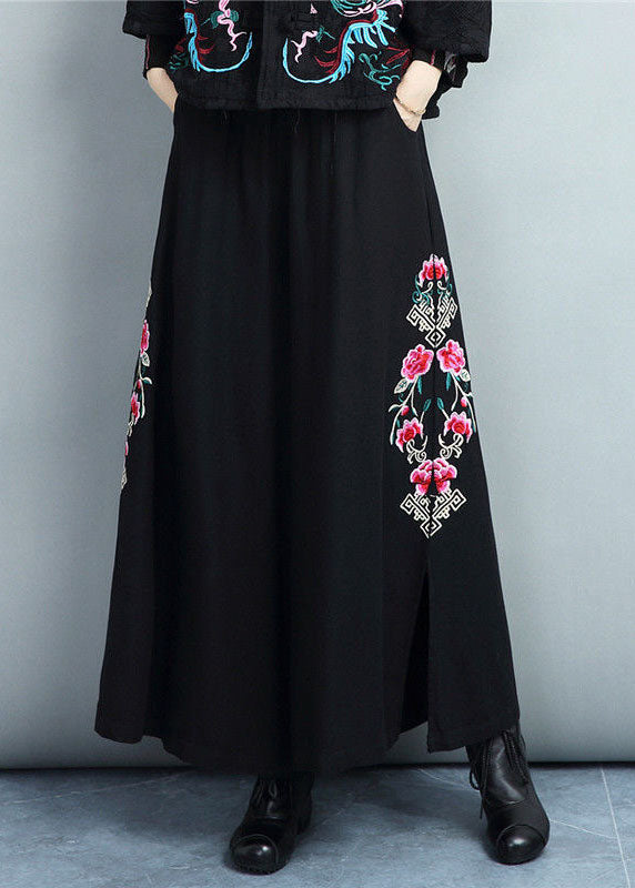 Black Embroideried Warm Fleece Coats and Pants Skirts Two Pieces Set Batwing Sleeve