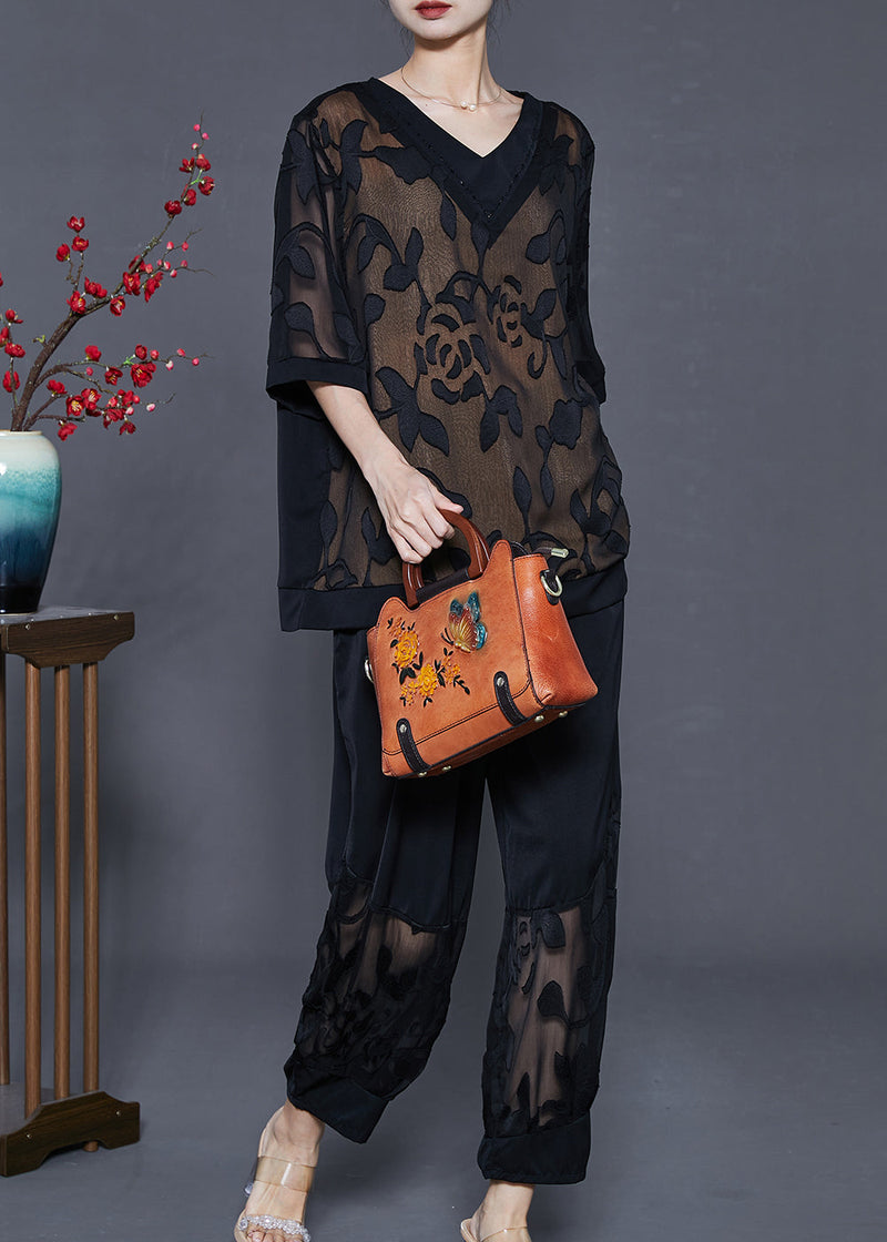 Black Patchwork Silk Two Pieces Set Hollow Out Summer