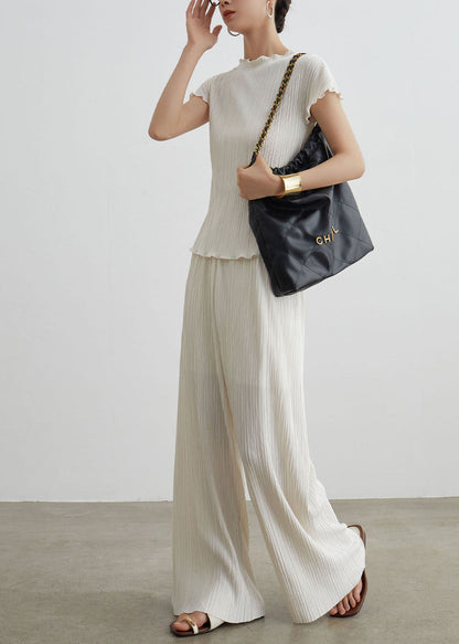 Boutique White Wrinkled T Shirt Pants Cotton Two Pieces Set Summer