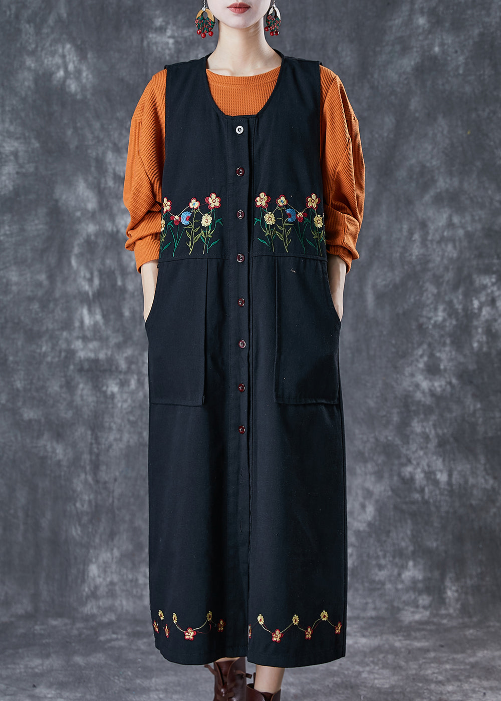 Black Embroideried Pockets Cotton Two Pieces Set Spring