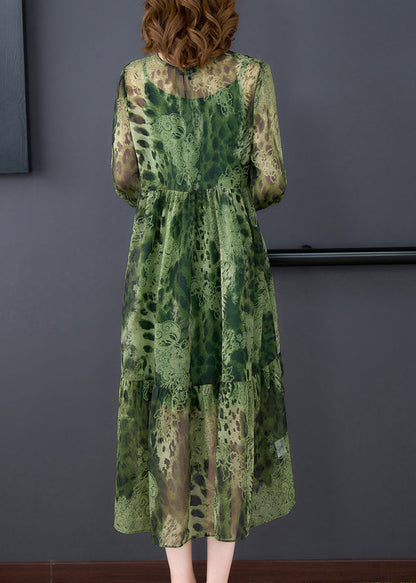 Green V Neck Ruffles Print Chiffon Long Dress Two Piece Set Long Sleeve
