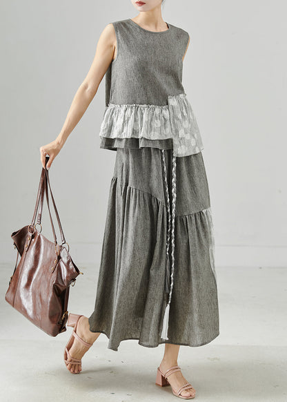 Grey Asymmetrical Patchwork Linen Two Piece Set Clothing Sleeveless