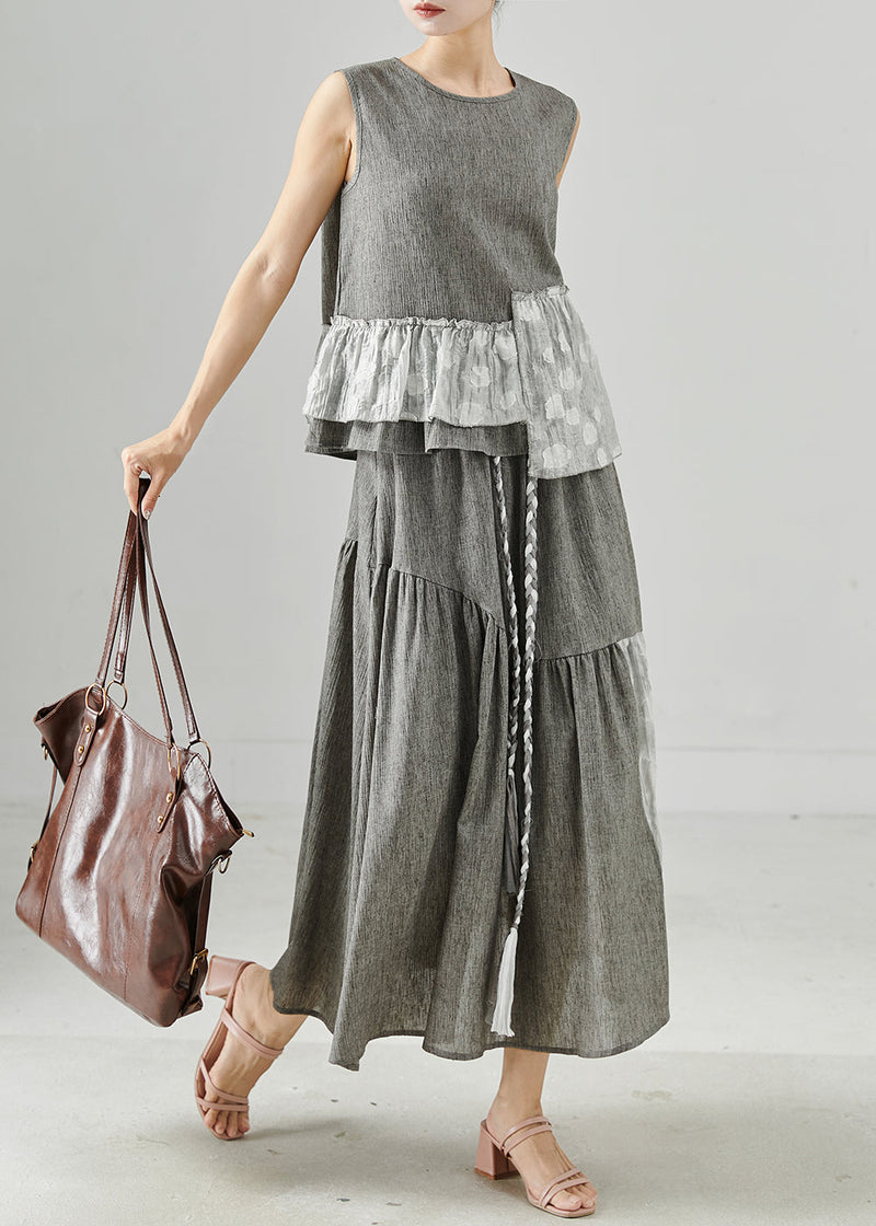 Grey Asymmetrical Patchwork Linen Two Piece Set Clothing Sleeveless