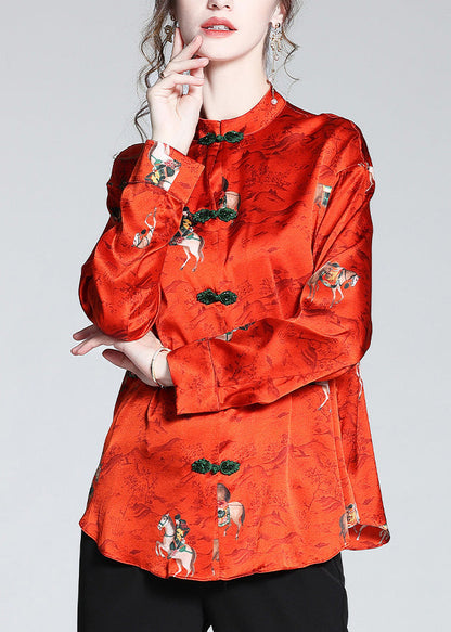 Red Stand Collar Print Button Silk Shirt Long Sleeve