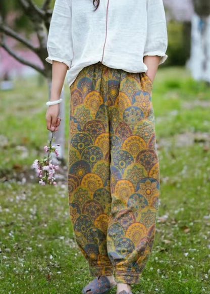 Yellow Pockets Print Cotton Lantern Pants Spring