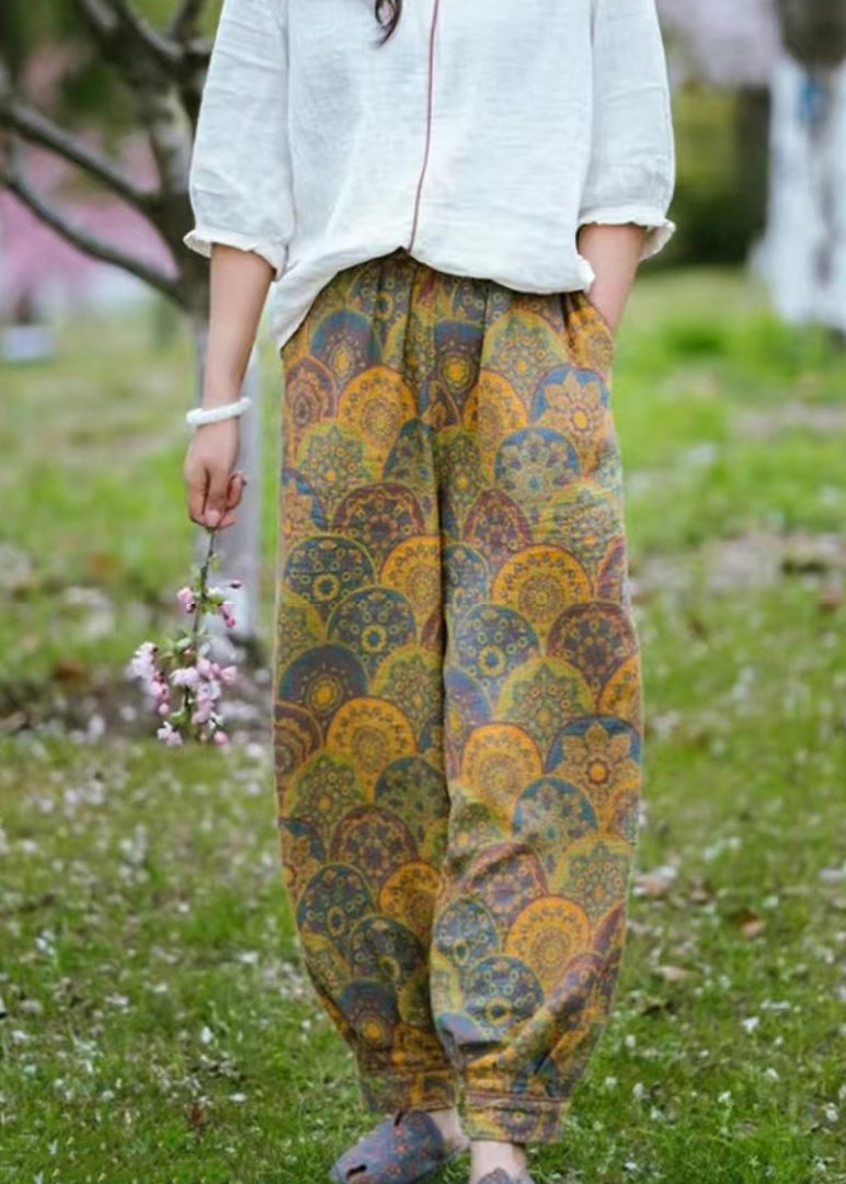 Yellow Pockets Print Cotton Lantern Pants Spring